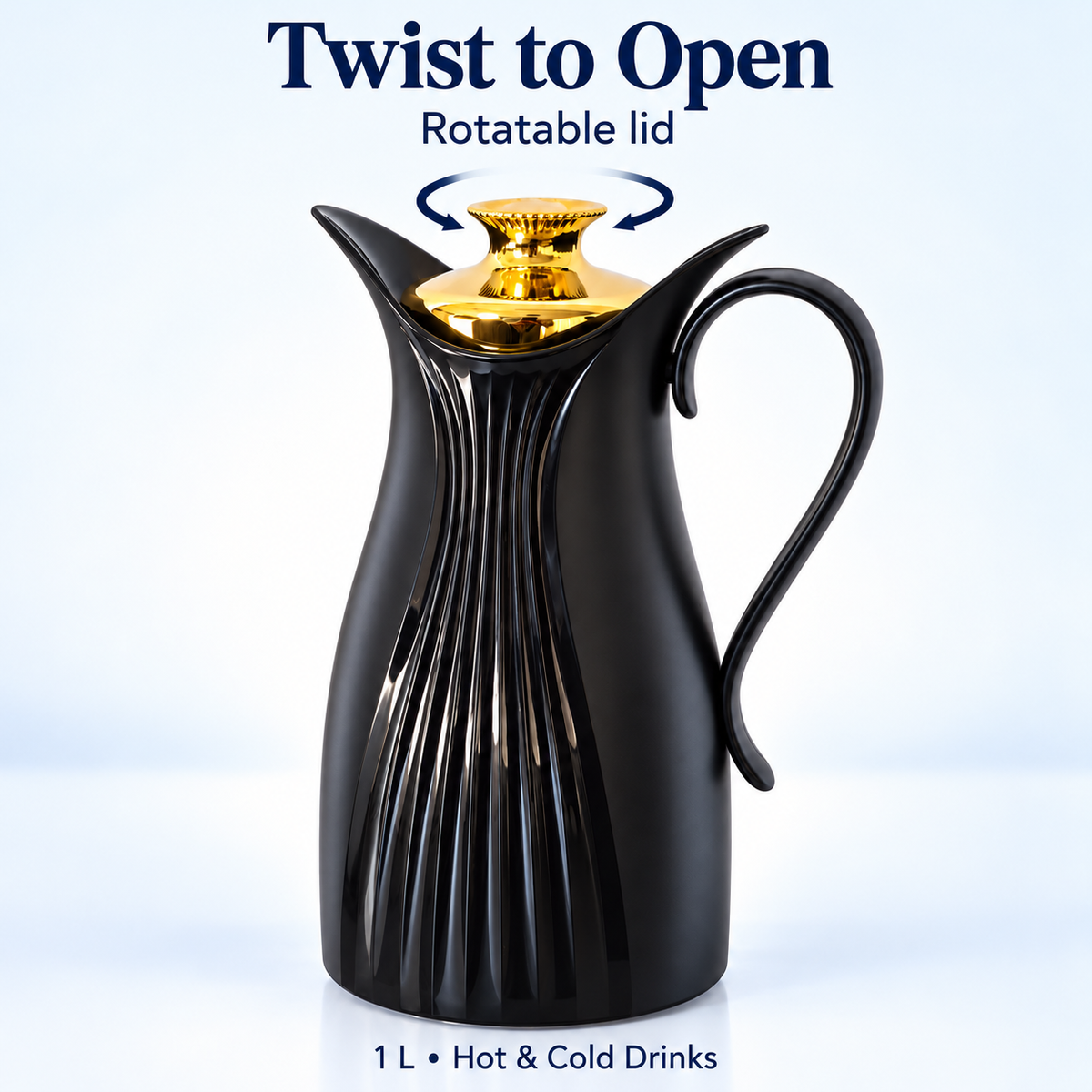 1L Black Vacuum Flask with Gold-Tone Lid (Inner Glass)