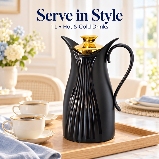 1L Black Vacuum Flask with Gold-Tone Lid (Inner Glass)