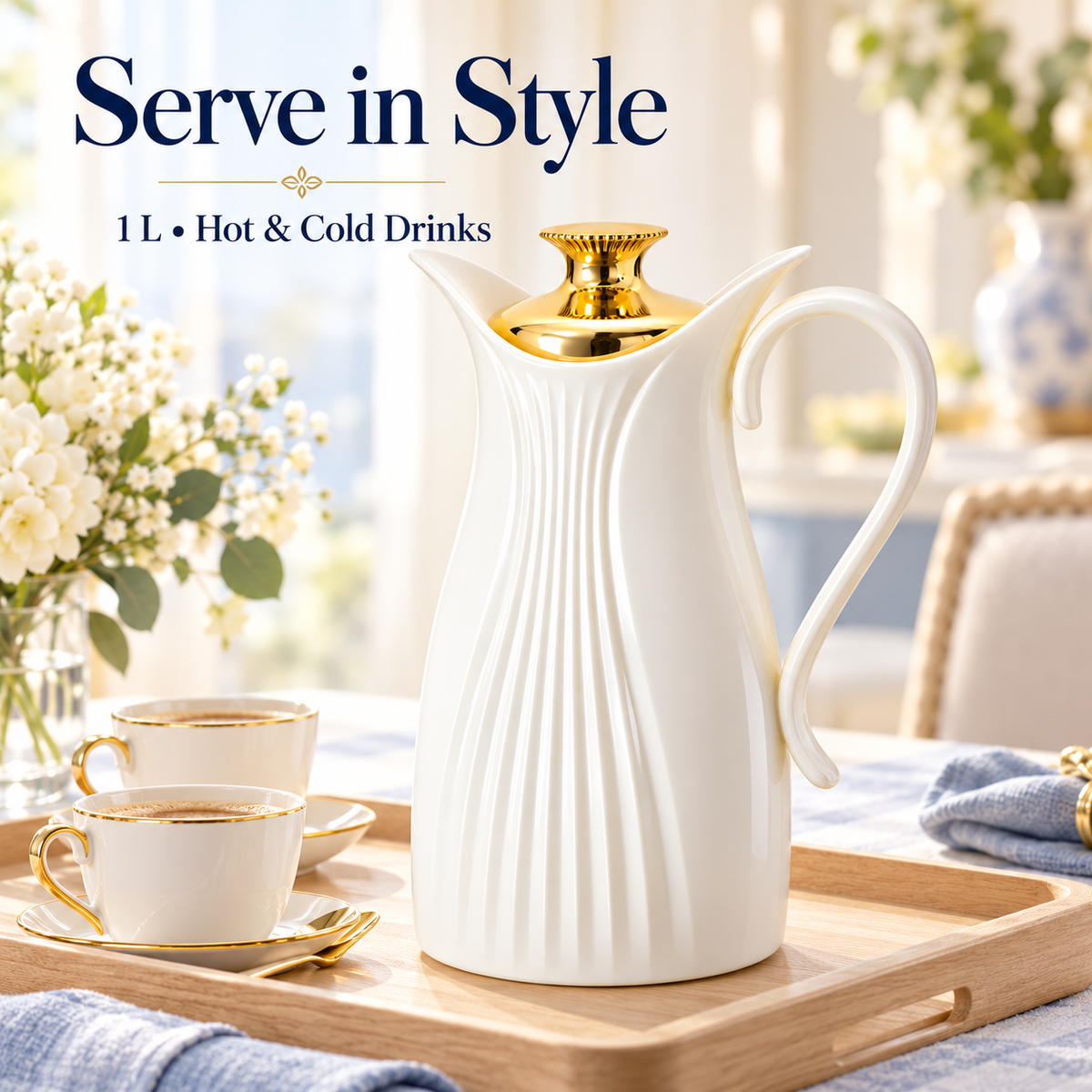 1L White Vacuum Flask with Gold-Tone Lid (Inner Glass)