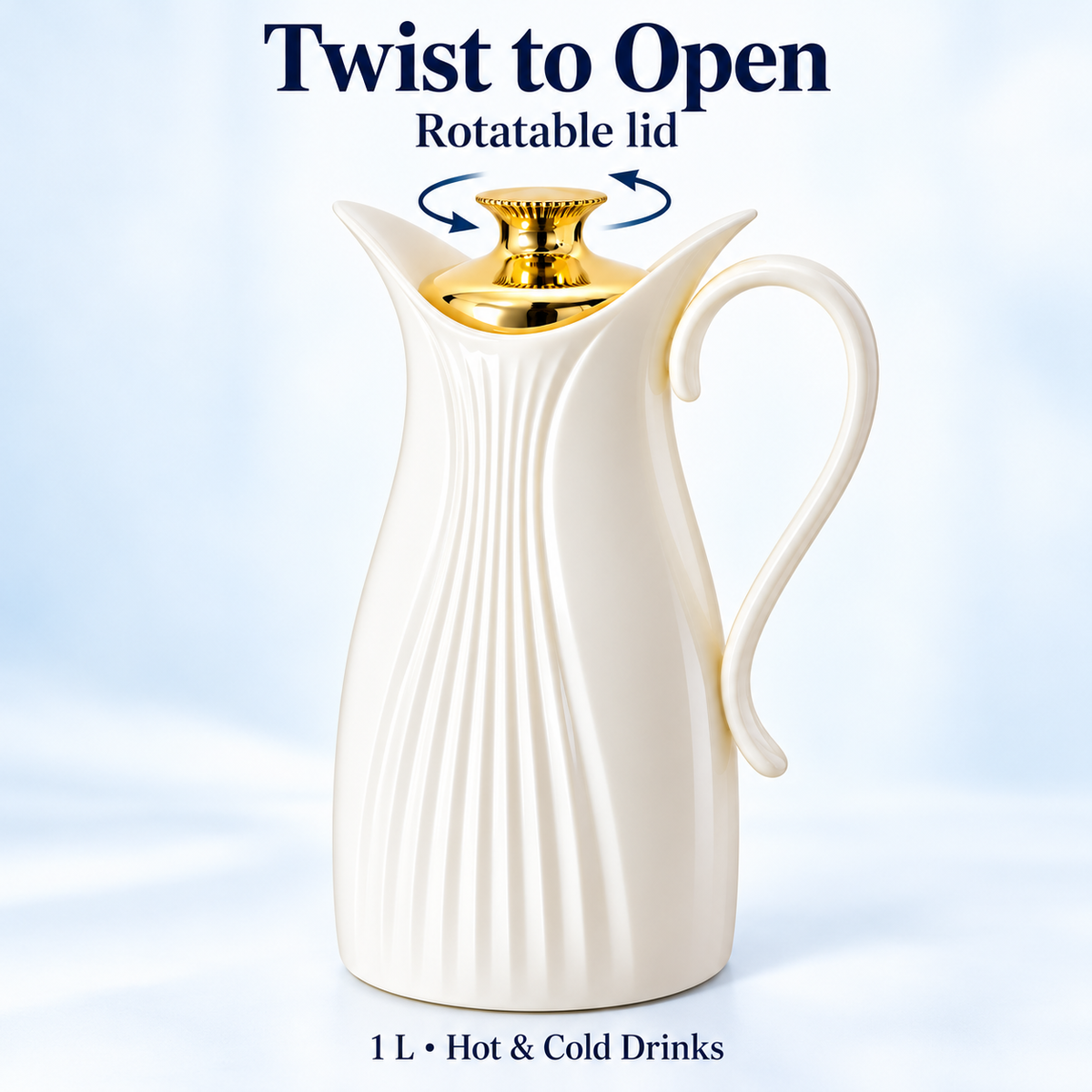 1L White Vacuum Flask with Gold-Tone Lid (Inner Glass)