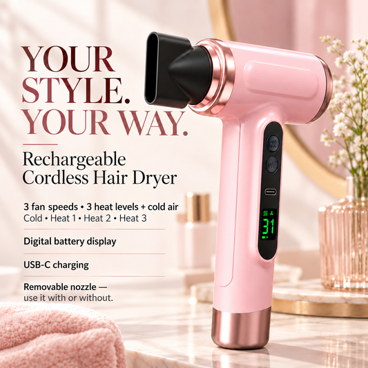 Rechargeable Cordless Hair Dryer – 3 Heat Levels + Cold Air