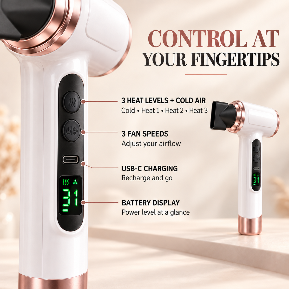 Rechargeable Cordless Hair Dryer – 3 Heat Levels + Cold Air