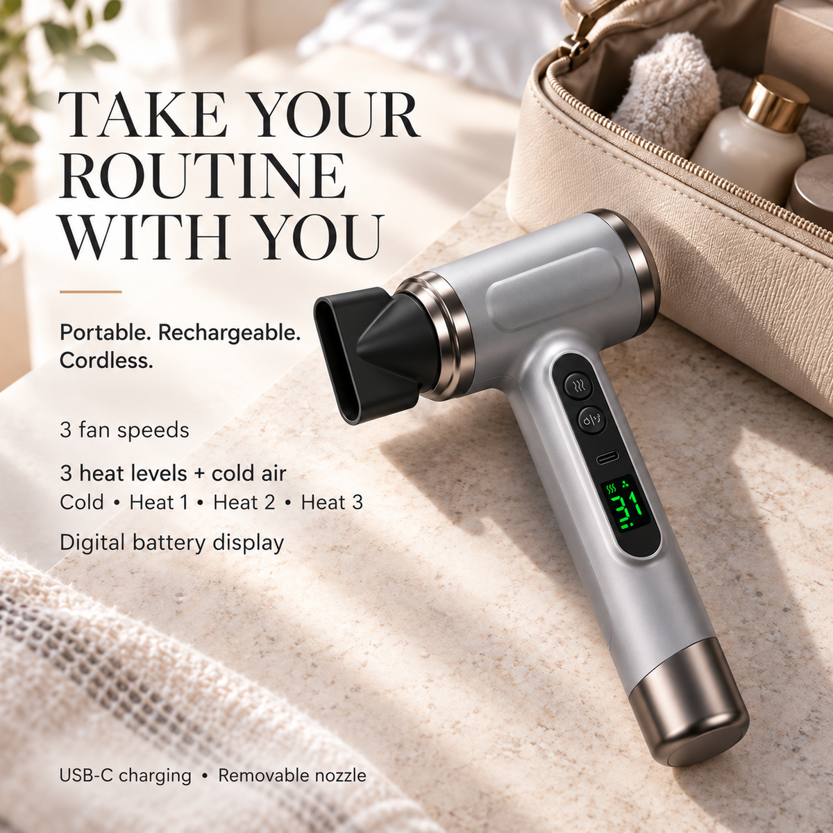 Rechargeable Cordless Hair Dryer – 3 Heat Levels + Cold Air