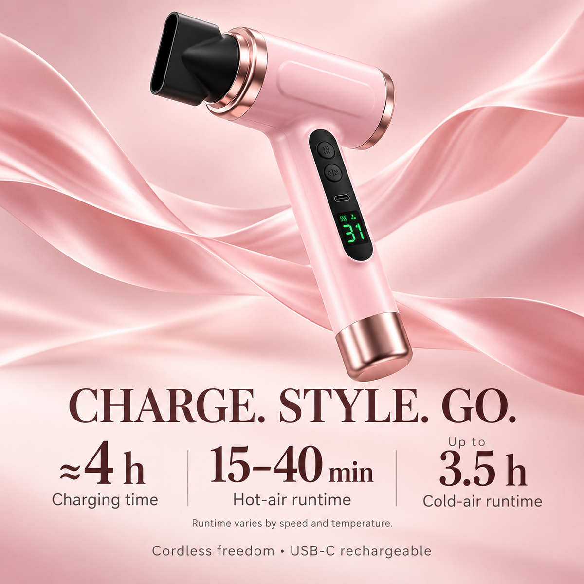 Rechargeable Cordless Hair Dryer – 3 Heat Levels + Cold Air