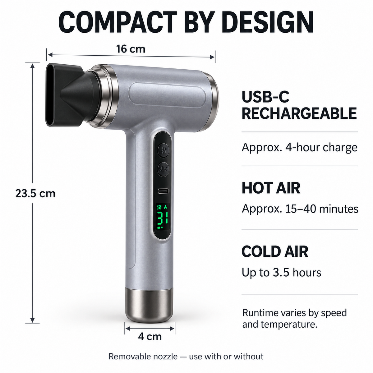 Rechargeable Cordless Hair Dryer – 3 Heat Levels + Cold Air