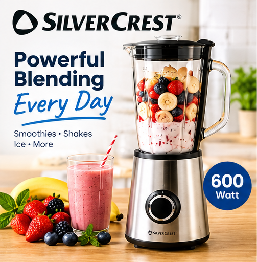 SilverCrest 600W Blender – 1.75L Glass Jug, 5 Speeds & Pulse Function