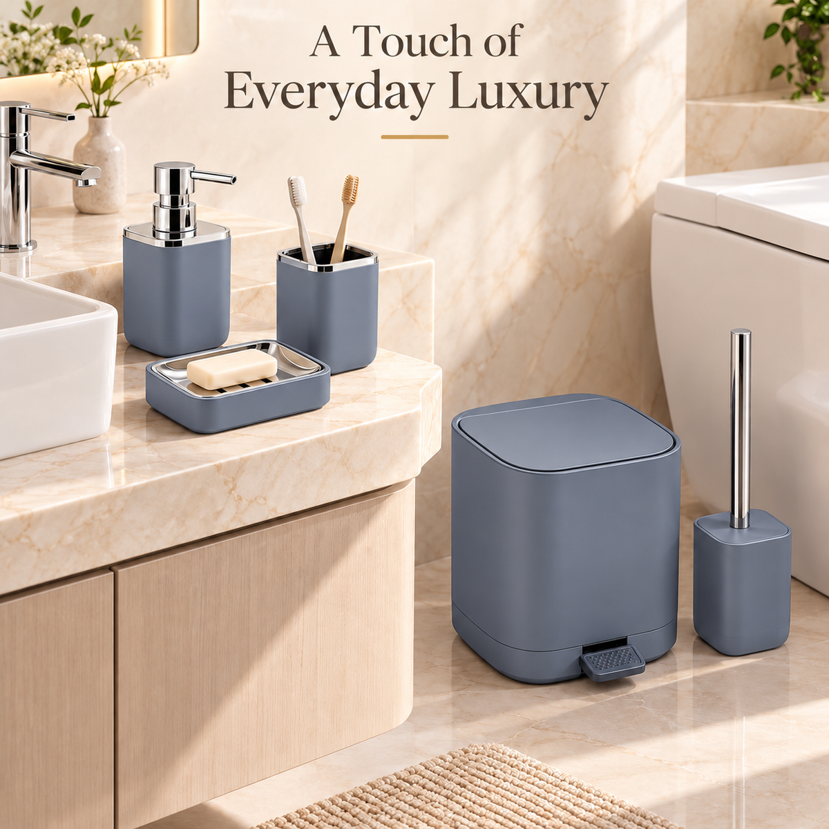 5-Piece Dark Gray Bathroom Set with Chrome Accents