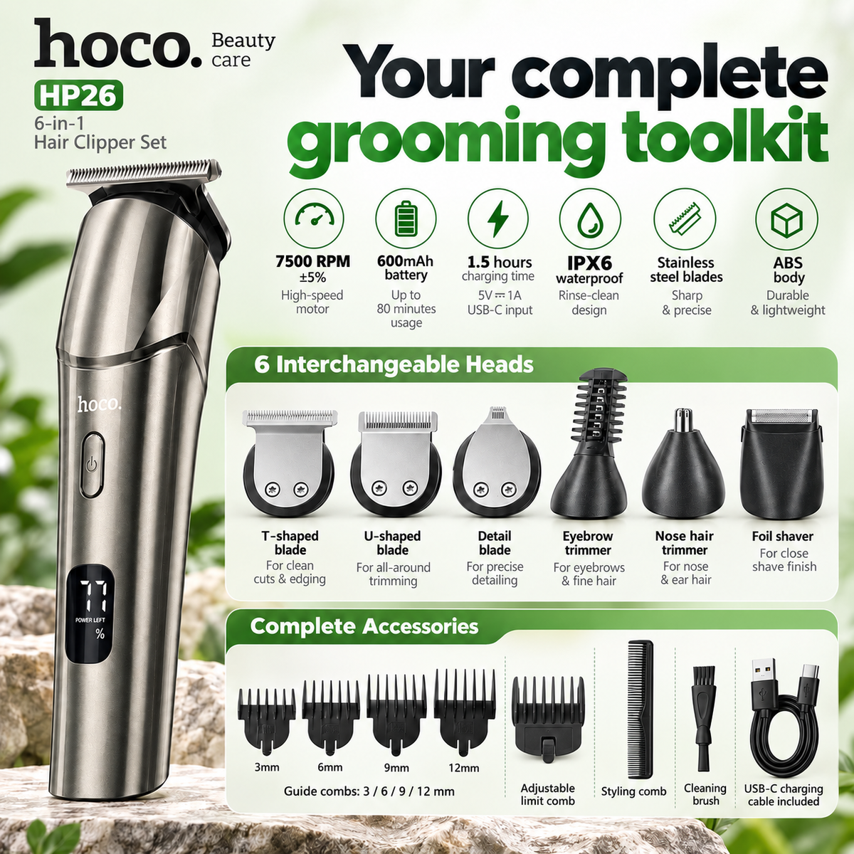 Hoco HP26 6-in-1 Rechargeable Hair Clipper & Grooming Set – USB-C, LED Display
