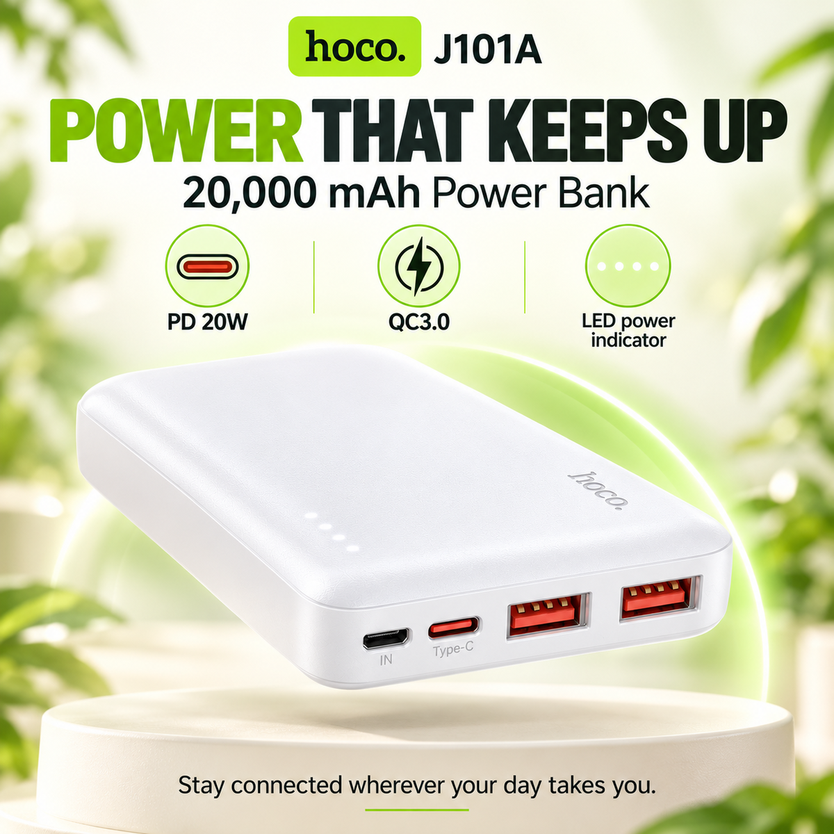 Hoco J101A 20,000mAh Fast Charging Power Bank – 22.5W & PD 20W – White