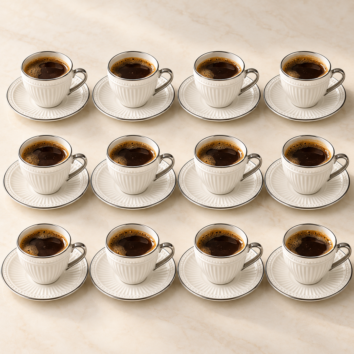 White Ribbed Coffee Cup & Saucer Set with Silver Trim – 12 Cups & 12 Saucers