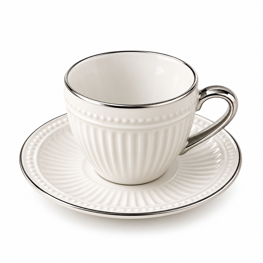 White Ribbed Coffee Cup & Saucer Set with Silver Trim – 12 Cups & 12 Saucers