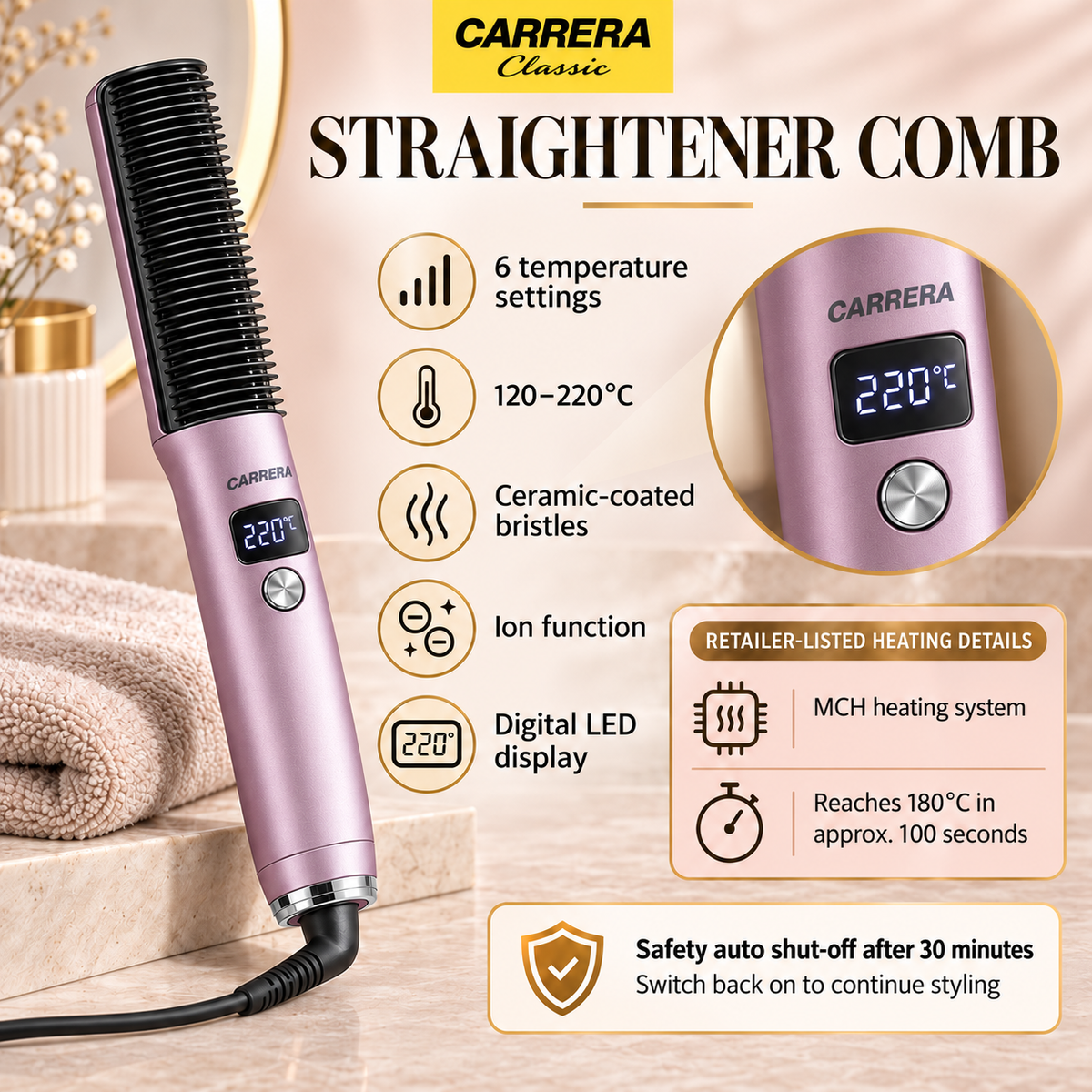 Carrera Classic Click & Style Straightener Comb & Wave Styler Set – Metallic Mauve Pink