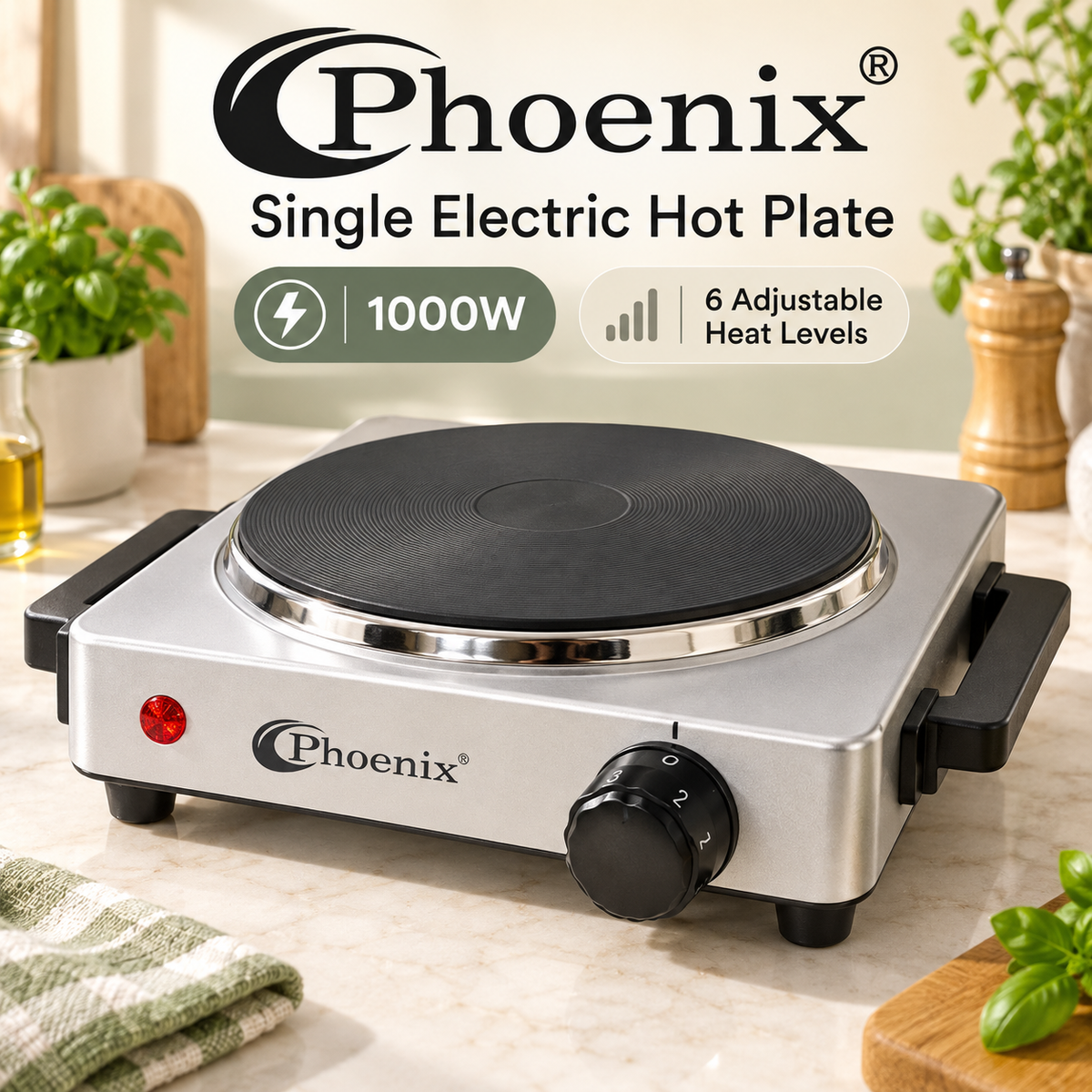 Phoenix Single Electric Hot Plate – 1000W, 6 Adjustable Heat Levels, TH-02