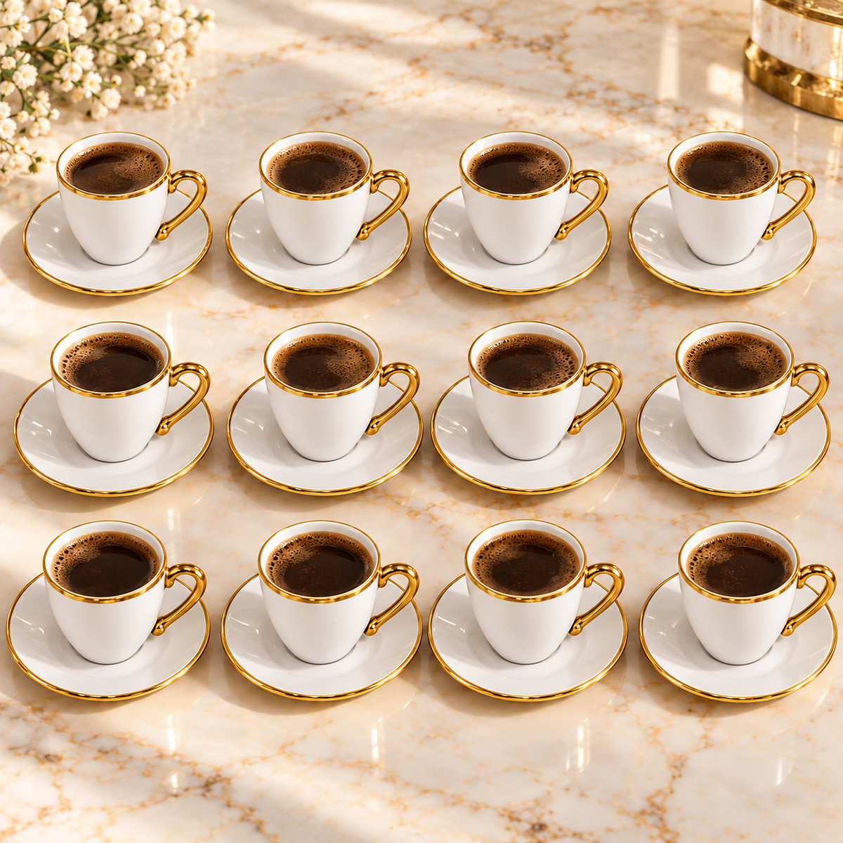 White & Gold Coffee Cup and Saucer Set – 12 Cups & 12 Saucers