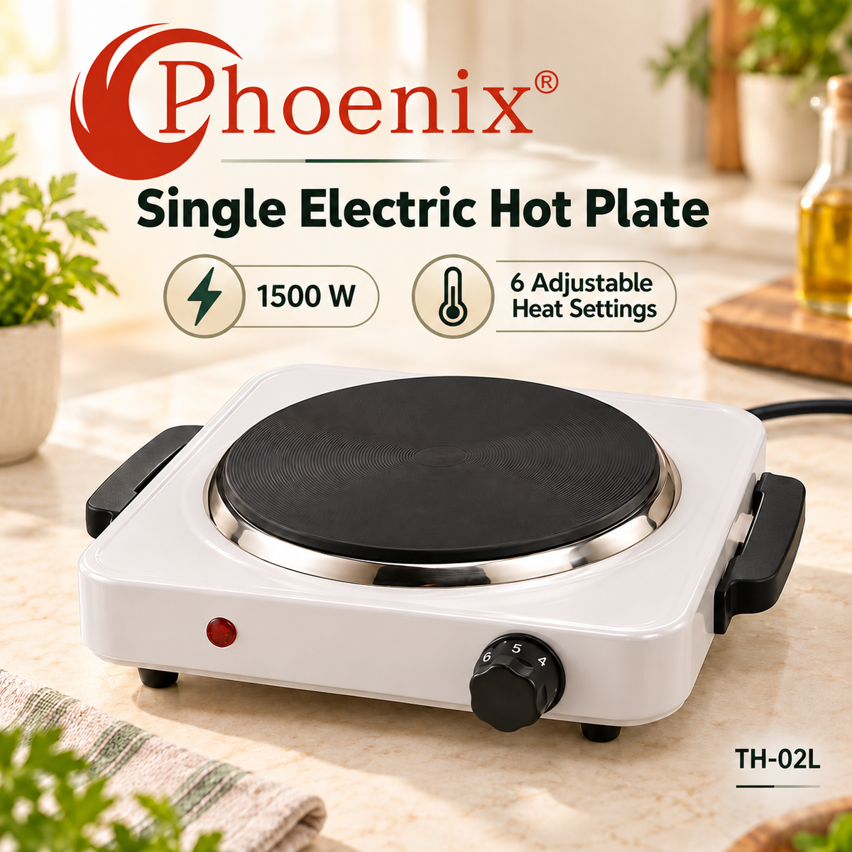 Phoenix 1500W Single Electric Hot Plate with 6 Heat Settings – TH-02L