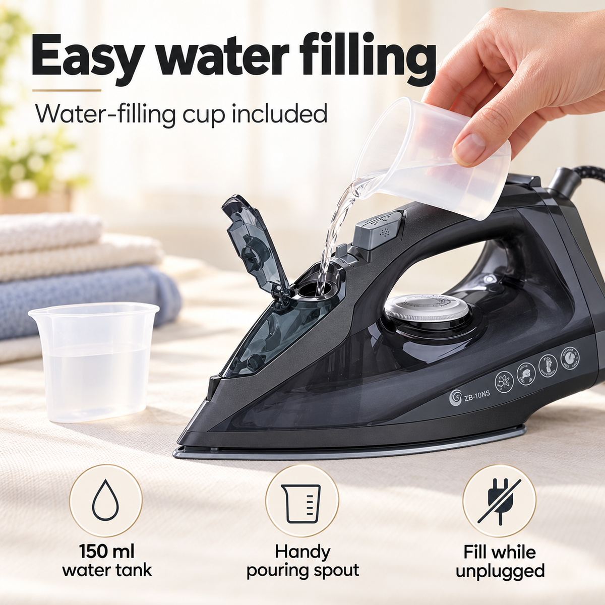 Phoenix ZB-10NS Ceramic Steam Iron with Water-Filling Cup – Dark Grey