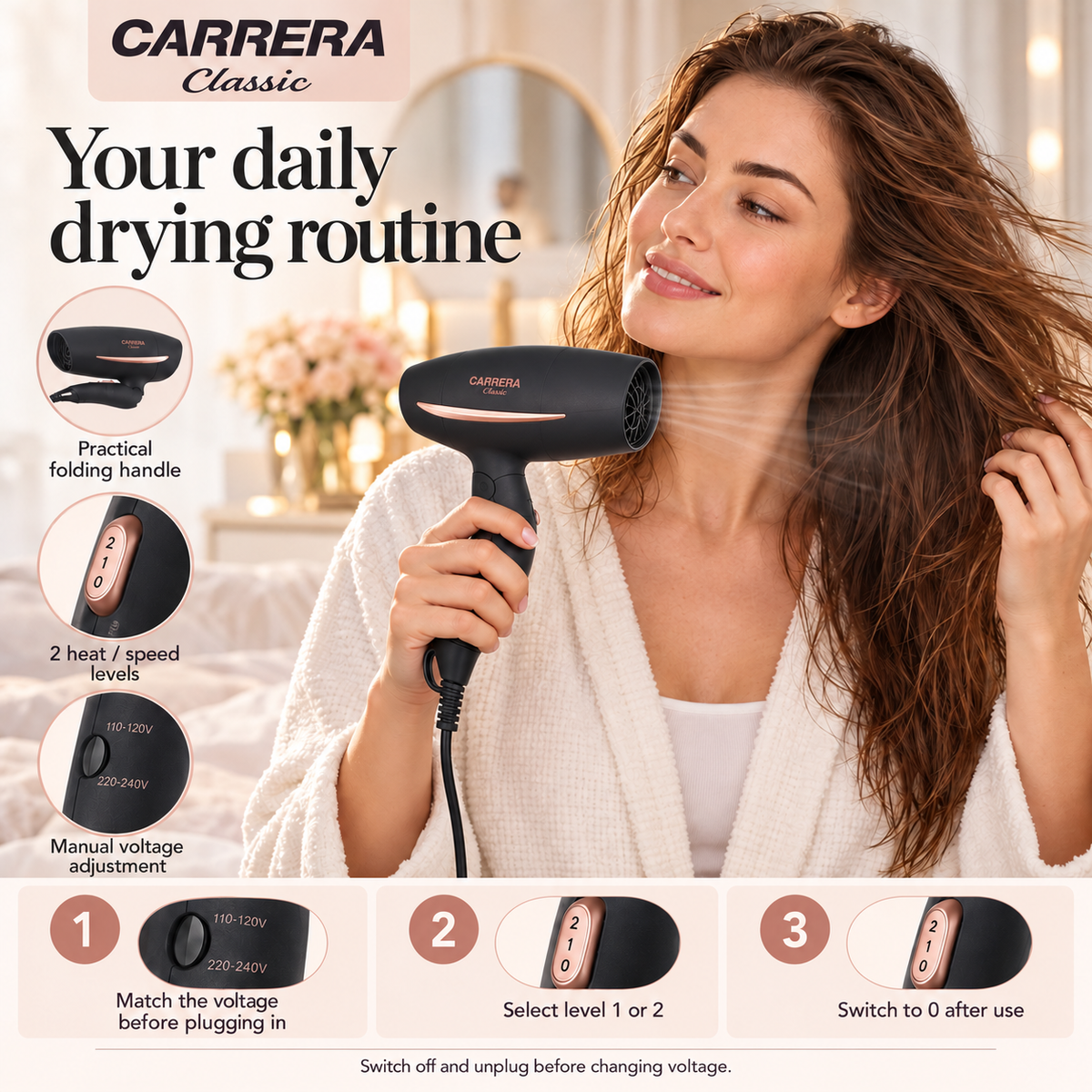 CARRERA Classic 1200W Foldable Travel Hair Dryer – Black & Rose Gold