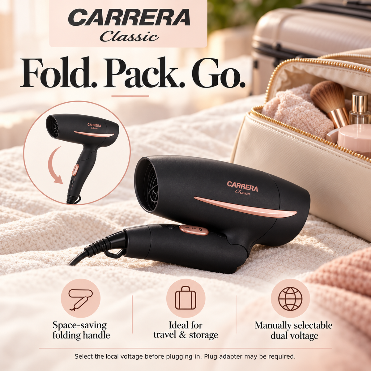 CARRERA Classic 1200W Foldable Travel Hair Dryer – Black & Rose Gold
