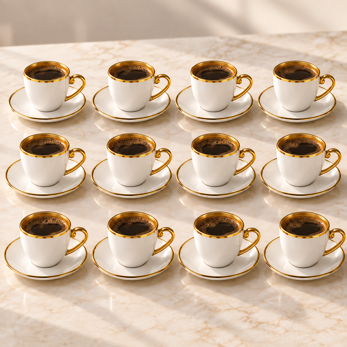 White & Gold Coffee Cup and Saucer Set – 12 Cups & 12 Saucers