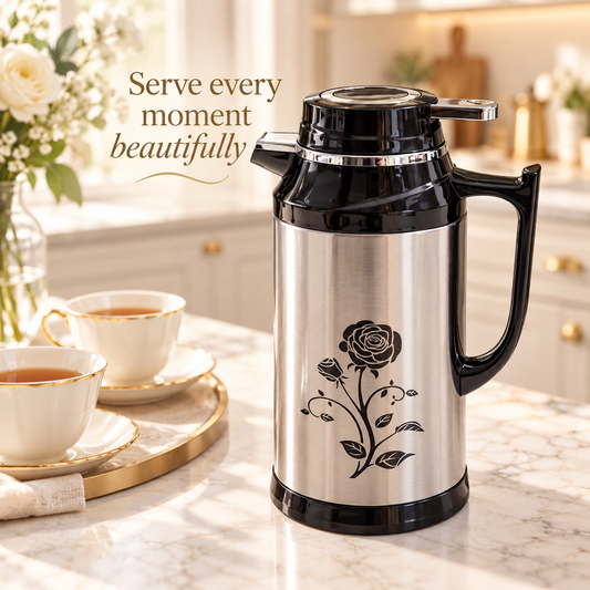 1L Glass-Lined Vacuum Jug – Silver & Black Rose Design