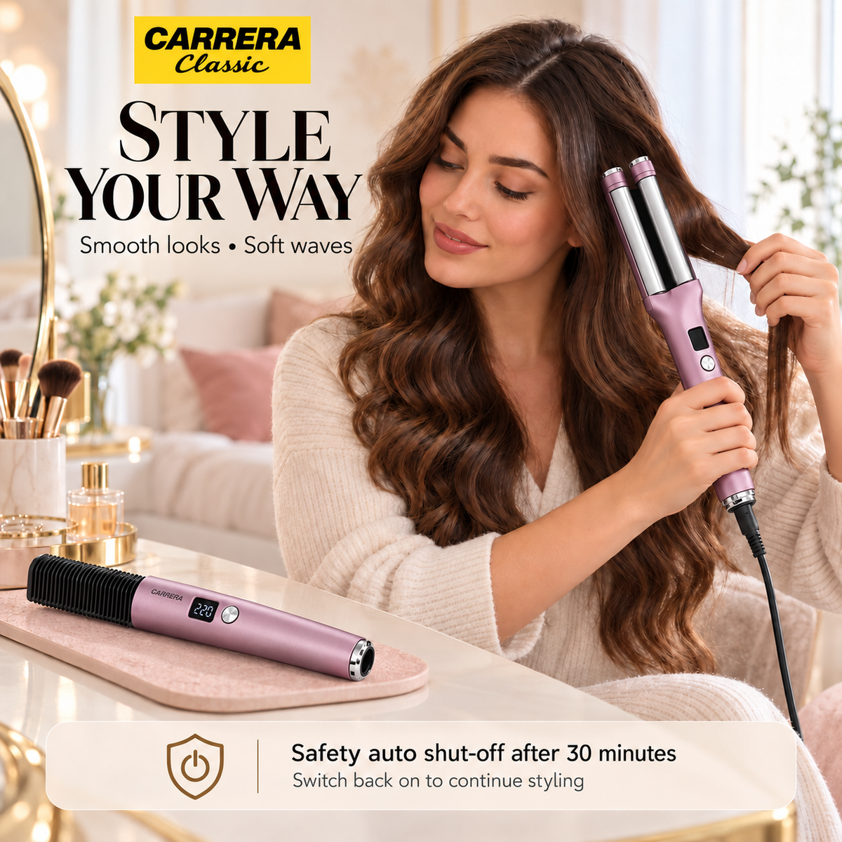 Carrera Classic Click & Style Straightener Comb & Wave Styler Set – Metallic Mauve Pink
