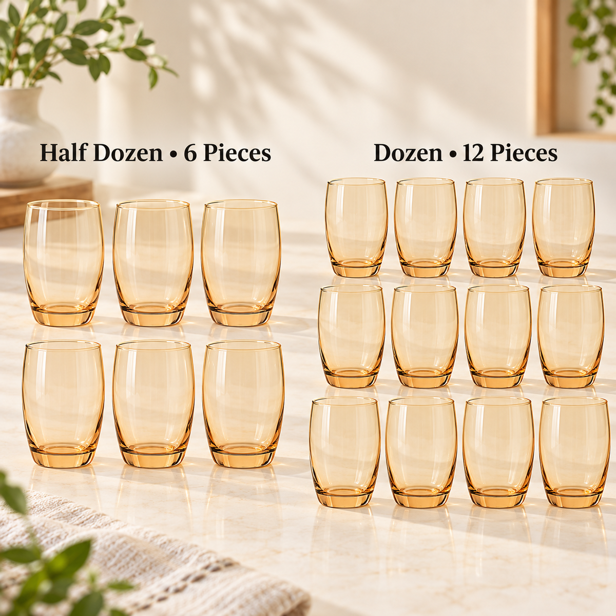 Amber Glow Glass Tumblers – 390 ml | Set of 6 or 12