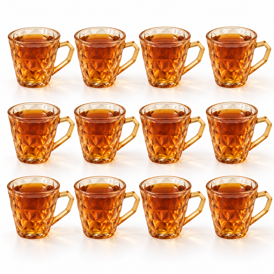 Amber Diamond-Pattern Glass Tea Cups – Set of 12