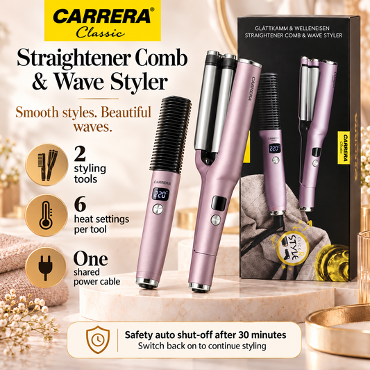 Carrera Classic Click & Style Straightener Comb & Wave Styler Set – Metallic Mauve Pink