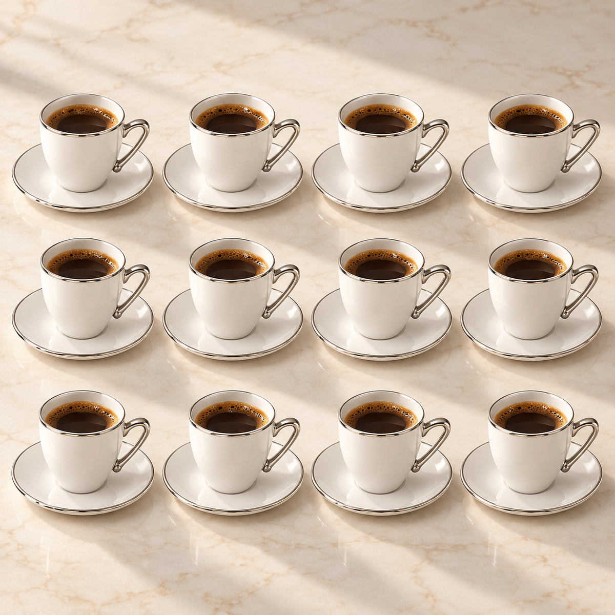 White & Silver Coffee Cup and Saucer Set – 12 Cups & 12 Saucers