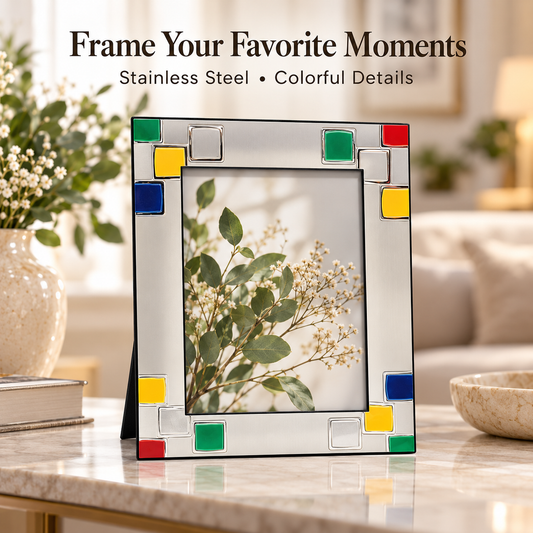 Stainless Steel Photo Frame with Colorful Square Accents – Fits 14.5 × 19.5 cm Photo Size