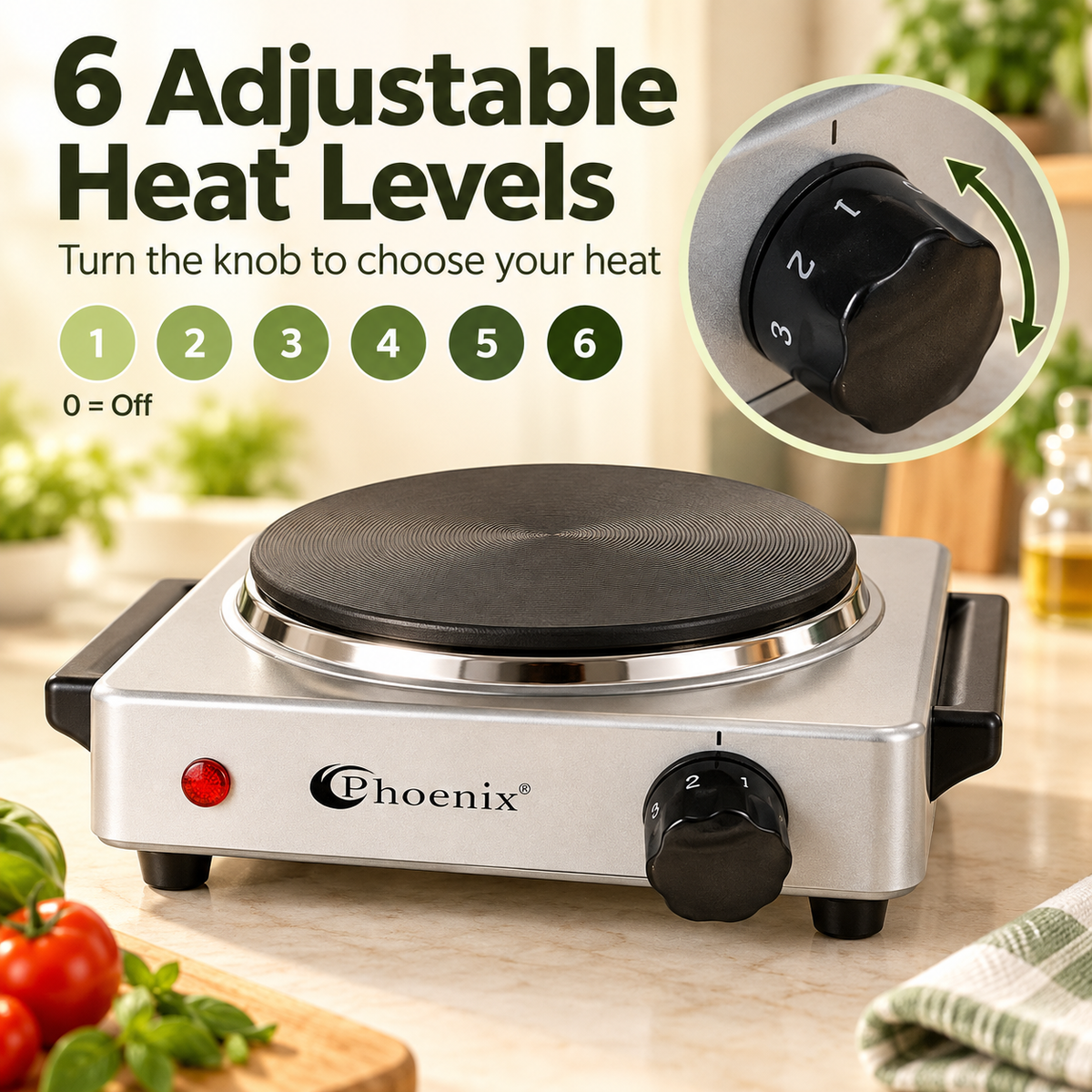 Phoenix Single Electric Hot Plate – 1000W, 6 Adjustable Heat Levels, TH-02