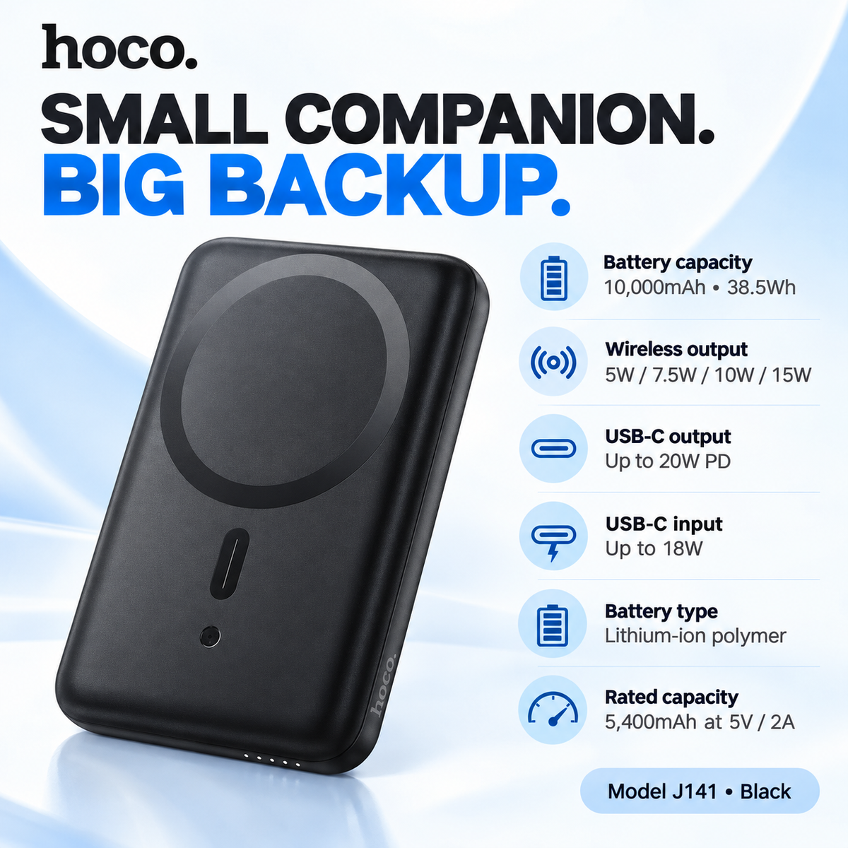 Hoco J141 Magnetic Wireless Power Bank 10,000mAh – 15W Wireless & 20W PD USB-C | Black