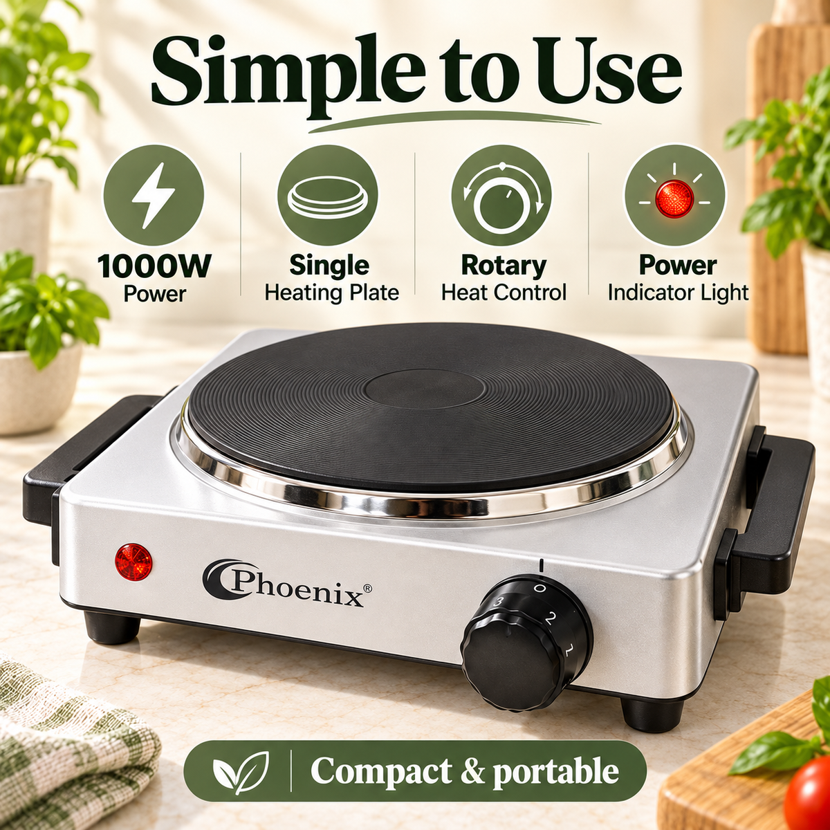 Phoenix Single Electric Hot Plate – 1000W, 6 Adjustable Heat Levels, TH-02