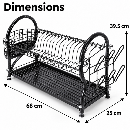 2-Tier Dish Drying Rack – Black Marble Finish with Water Tray