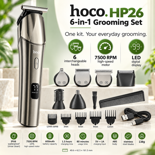 Hoco HP26 6-in-1 Rechargeable Hair Clipper & Grooming Set – USB-C, LED Display