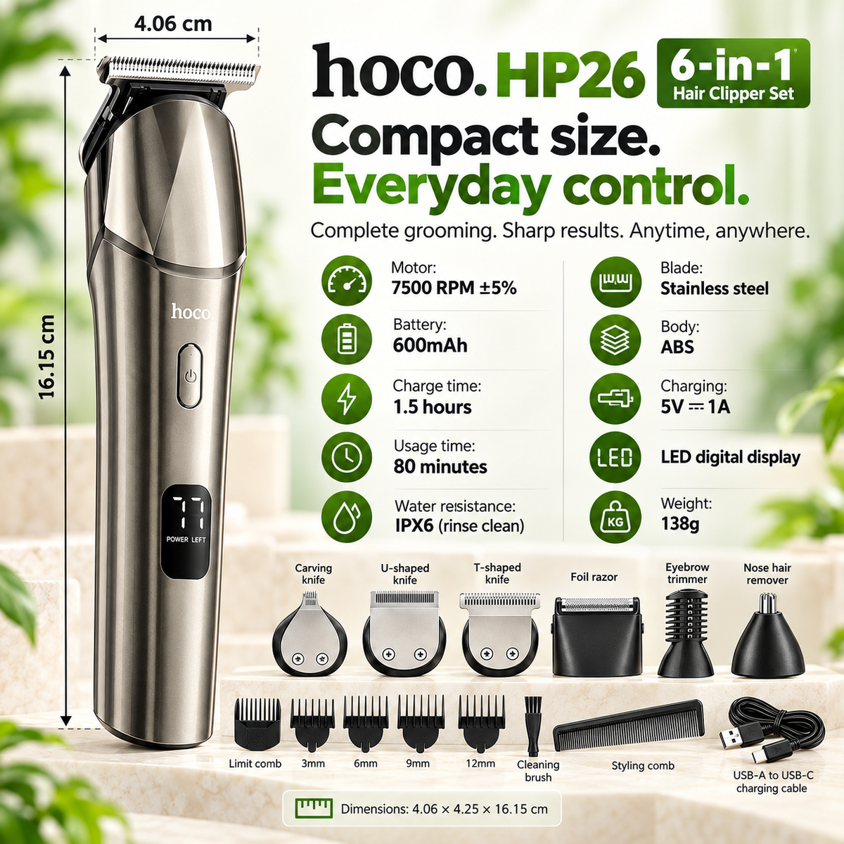 Hoco HP26 6-in-1 Rechargeable Hair Clipper & Grooming Set – USB-C, LED Display