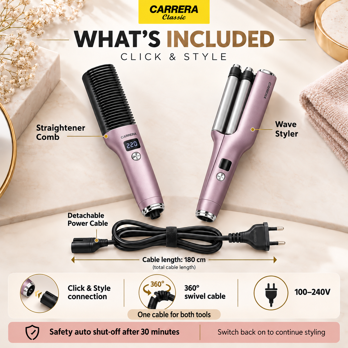 Carrera Classic Click & Style Straightener Comb & Wave Styler Set – Metallic Mauve Pink