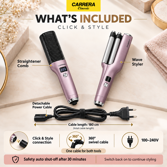 Carrera Classic Click & Style Straightener Comb & Wave Styler Set – Metallic Mauve Pink