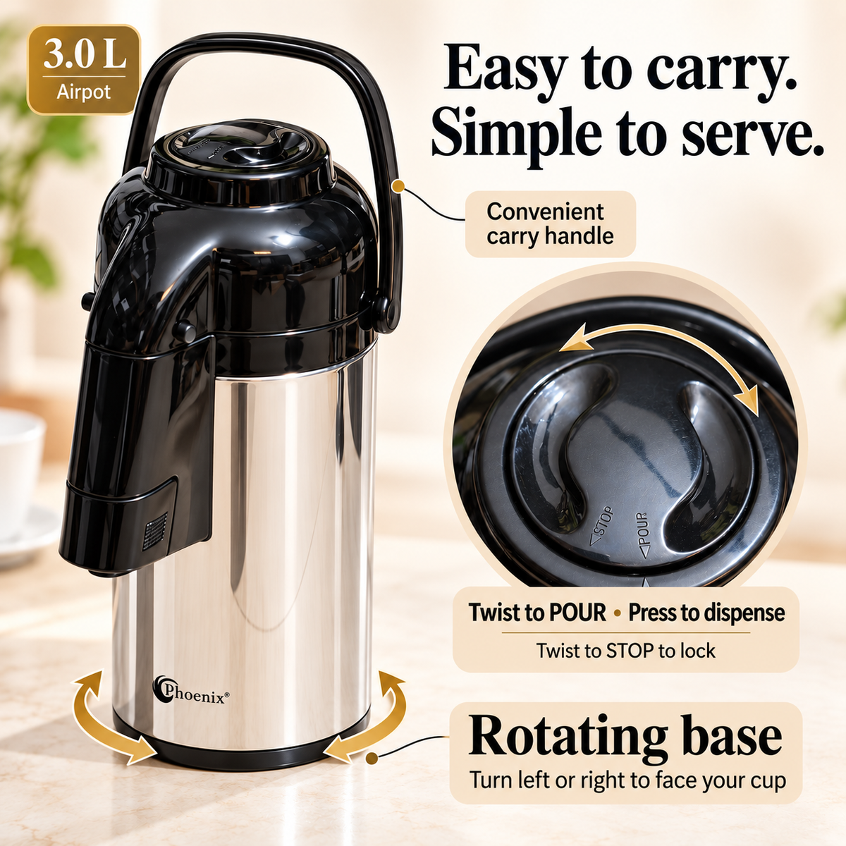 3L Hot & Cold Airpot Thermos with Rotating Base & Glass Inner Flask
