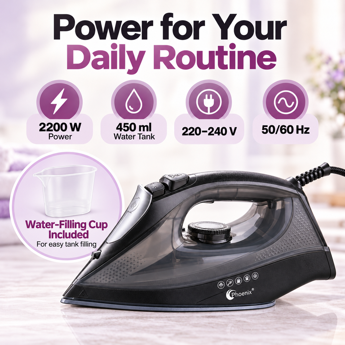 Phoenix 2200W Ceramic Steam Iron with Water-Filling Cup – 450ml | ZB-12CC