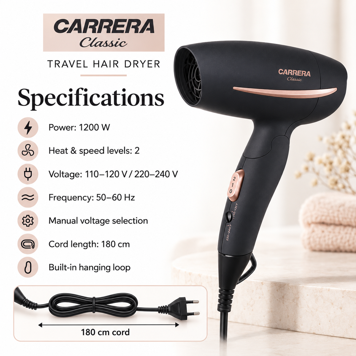 CARRERA Classic 1200W Foldable Travel Hair Dryer – Black & Rose Gold
