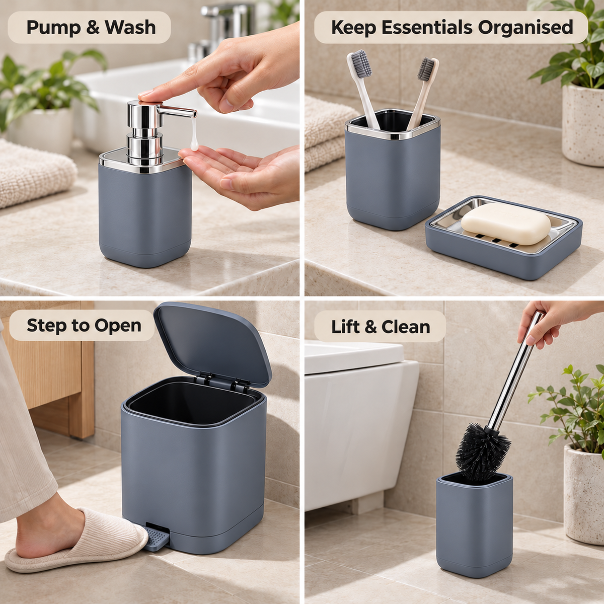 5-Piece Dark Gray Bathroom Set with Chrome Accents