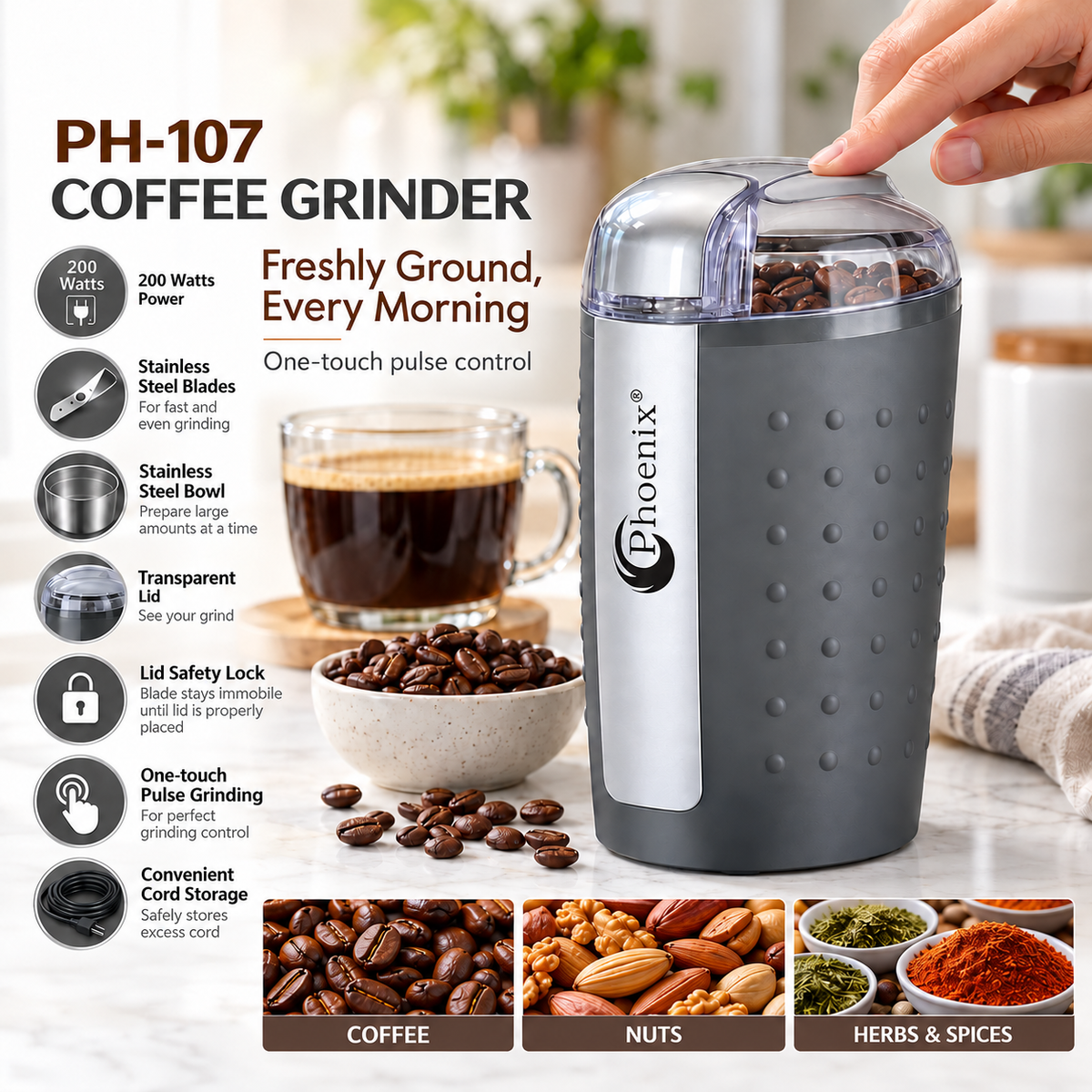Electric Coffee & Spice Grinder – 200W