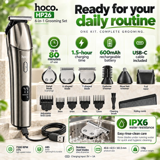 Hoco HP26 6-in-1 Rechargeable Hair Clipper & Grooming Set – USB-C, LED Display