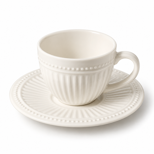 White Ribbed Coffee Cup & Saucer Set