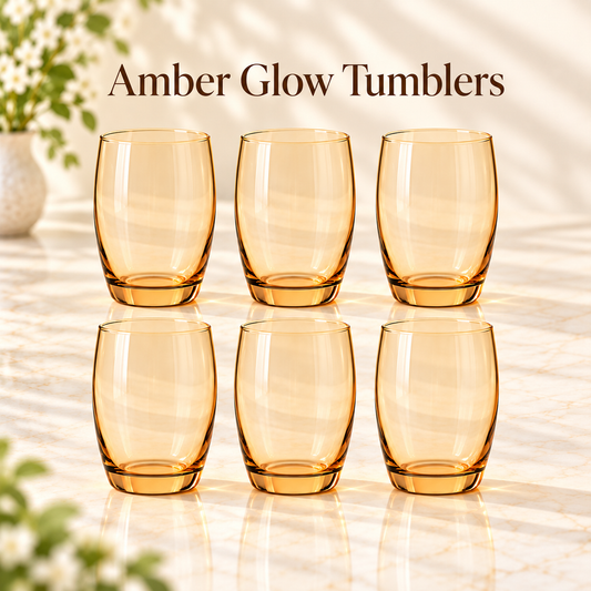 Amber Glow Glass Tumblers – 390 ml | Set of 6 or 12