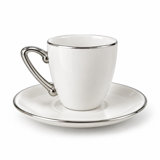 White & Silver Coffee Cup and Saucer Set – 12 Cups & 12 Saucers