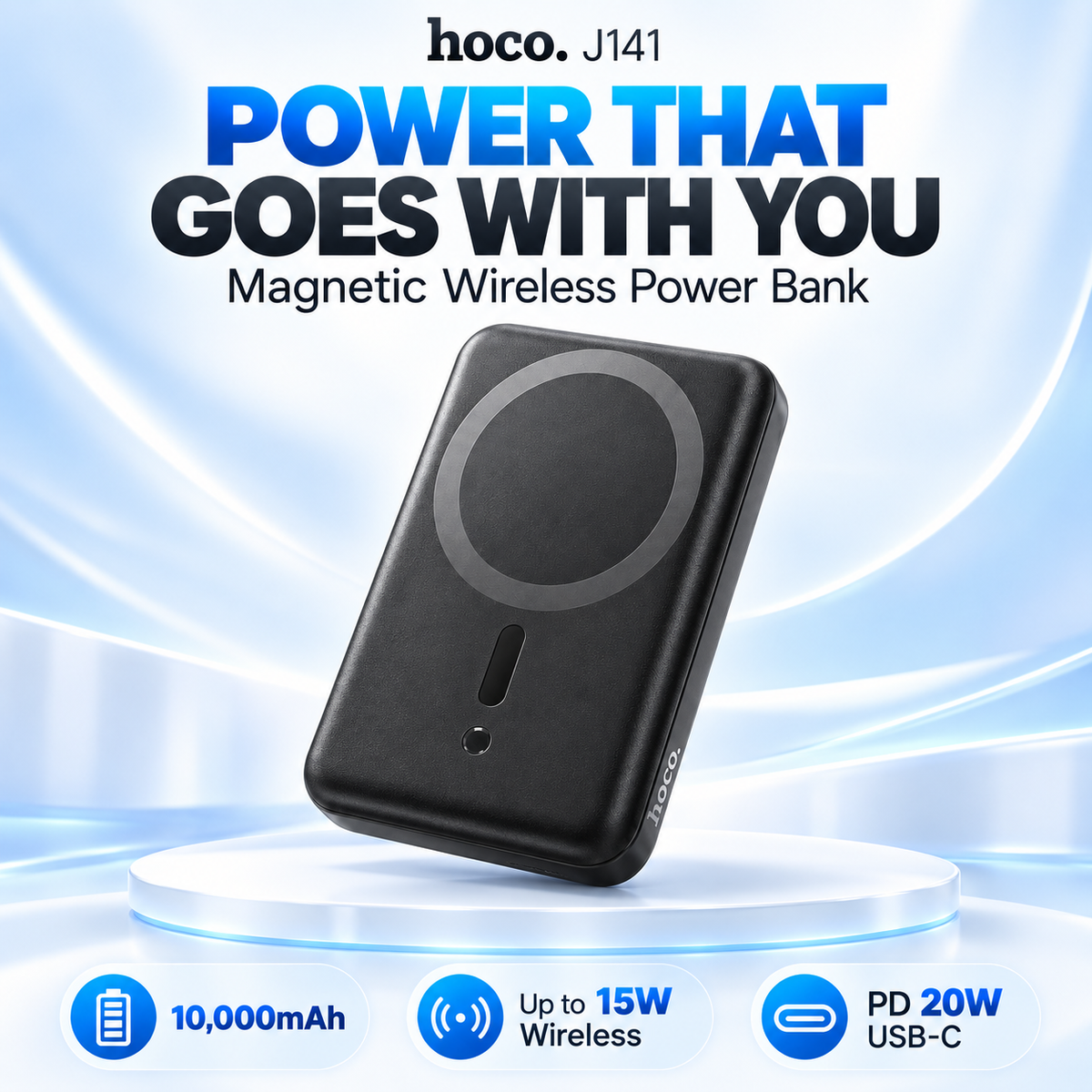 Hoco J141 Magnetic Wireless Power Bank 10,000mAh – 15W Wireless & 20W PD USB-C | Black