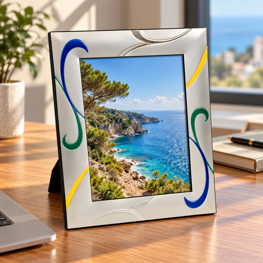 Stainless Steel Photo Frame with Colorful Accents – Fits 14.5 × 19.5 cm Photos