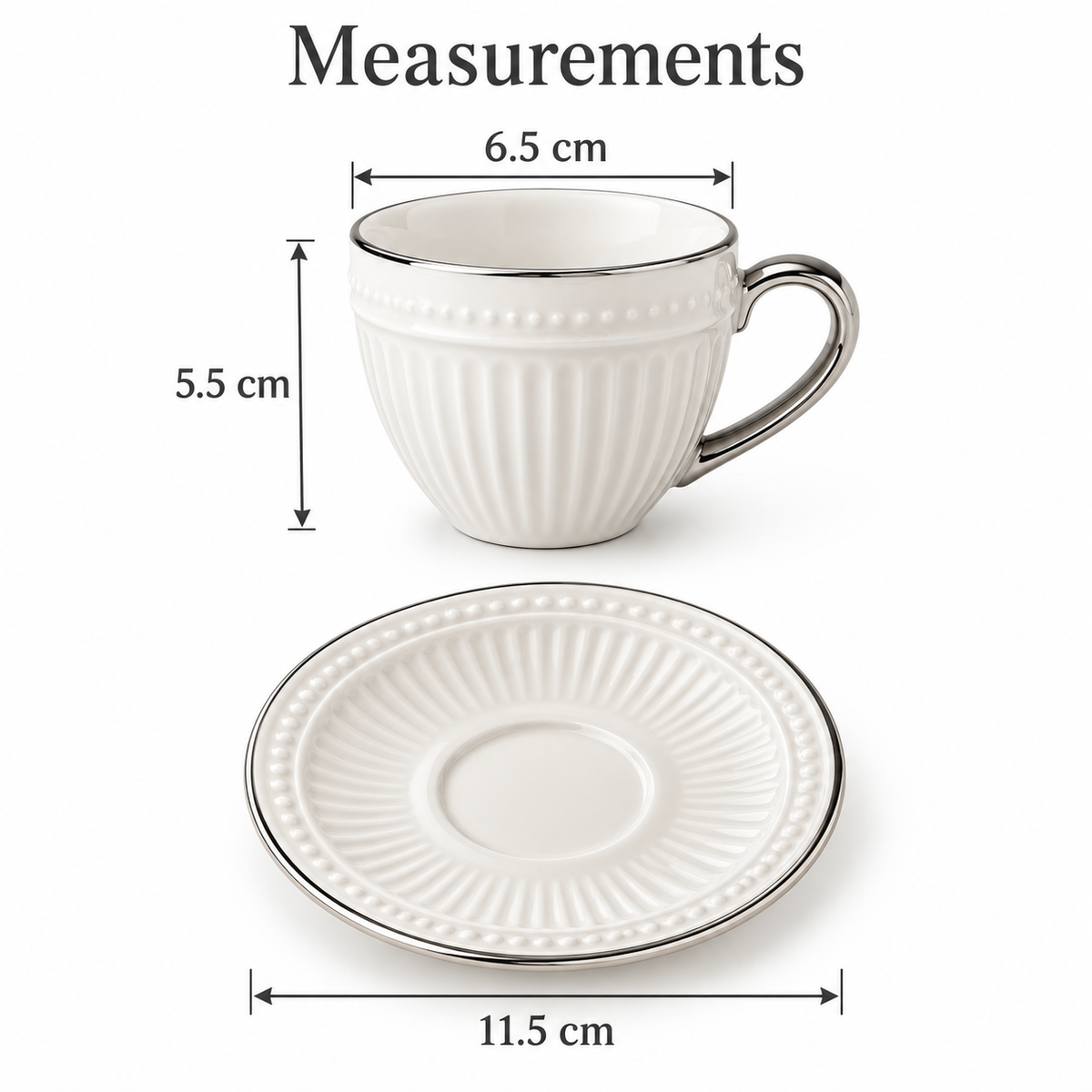 White Ribbed Coffee Cup & Saucer Set with Silver Trim – 12 Cups & 12 Saucers